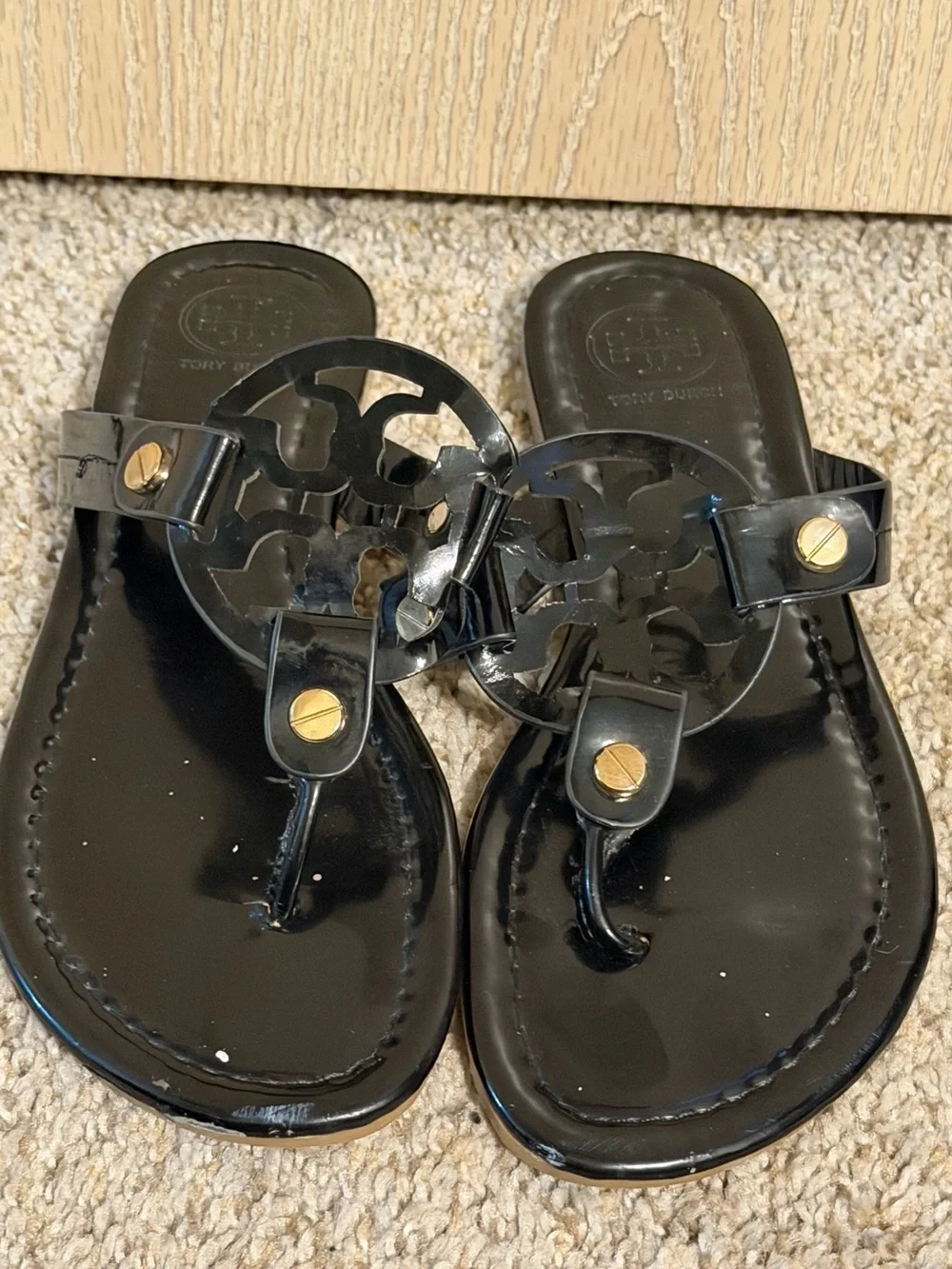 Tory Burch Black Patent Logo Thong Sandals with Gold Accents